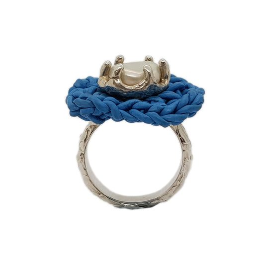 sterling silver keishi baroque pearl ring with leather crochet blue flower